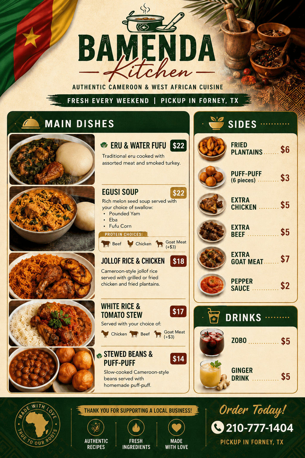 Bamenda Kitchen printed menu showing authentic Cameroonian dishes